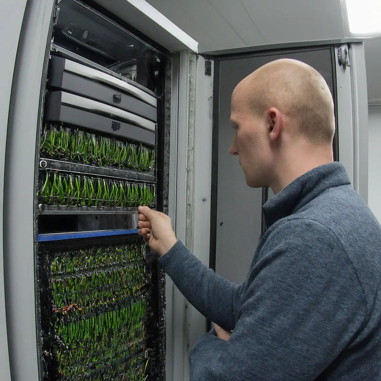 Stock Image Prompt: A technician analyzing server equipment in a modern data center. 35mm stock photo