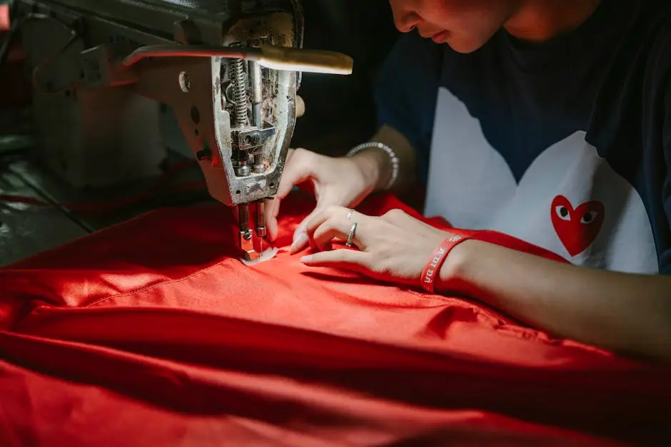 A woman is sewing a red shirt on a sewing machine