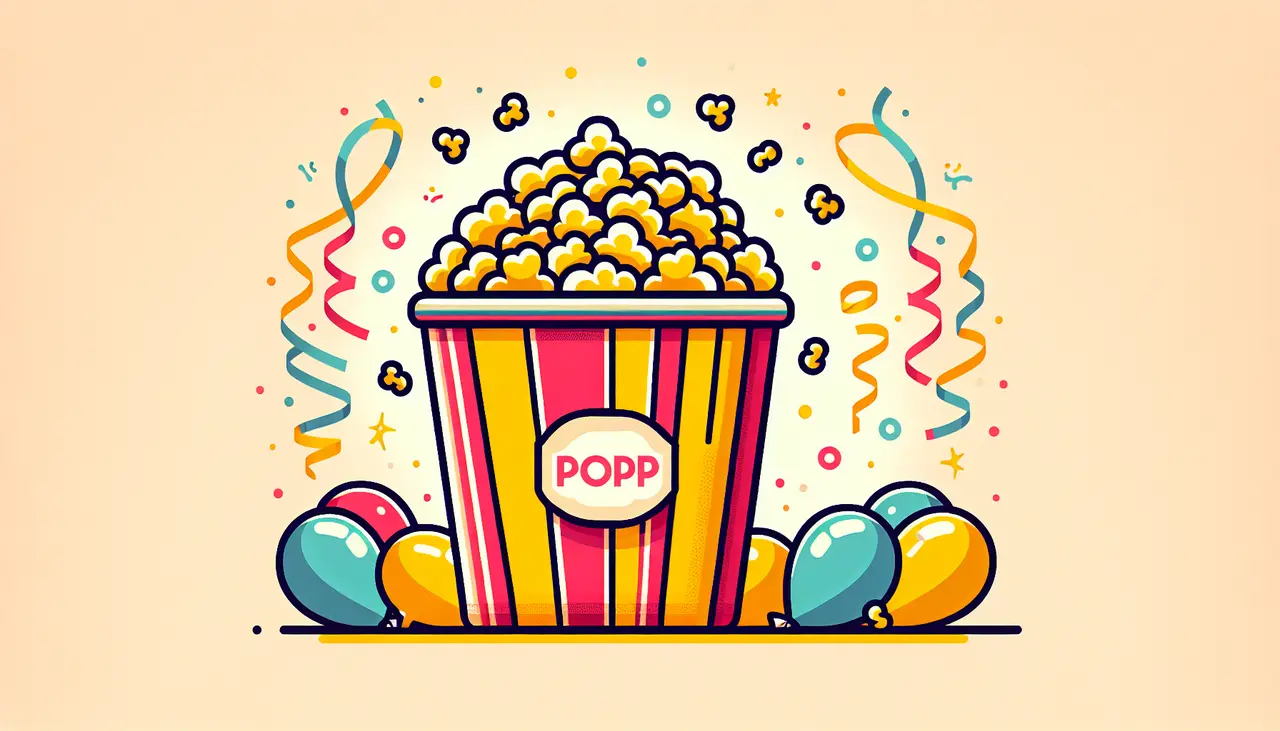 Draw a graphic in flat design style. A flat design illustration of a colorful popcorn tin with popped popcorn overflowing, set against a simple, festive background with subtle party streamers.