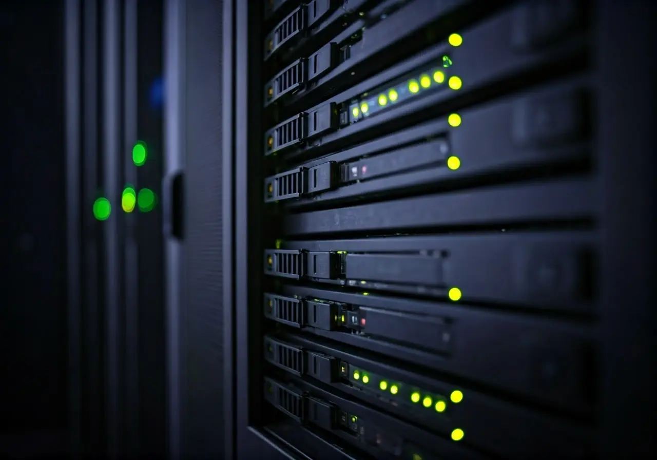 A close-up of a server room with glowing LED lights. 35mm stock photo