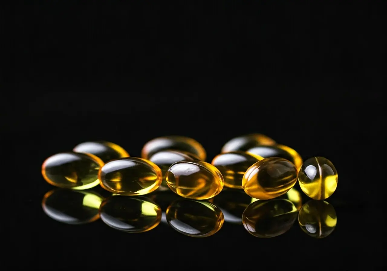 Fish oil capsules on a reflective surface. 35mm stock photo