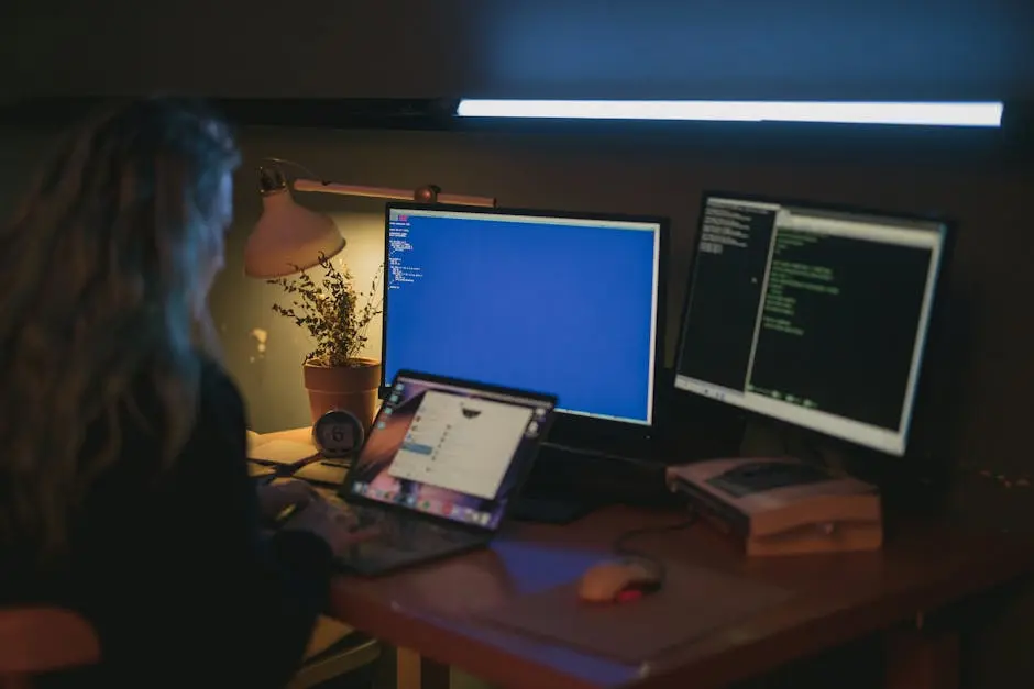 Woman using multiple screens for cybersecurity tasks in a cozy home office