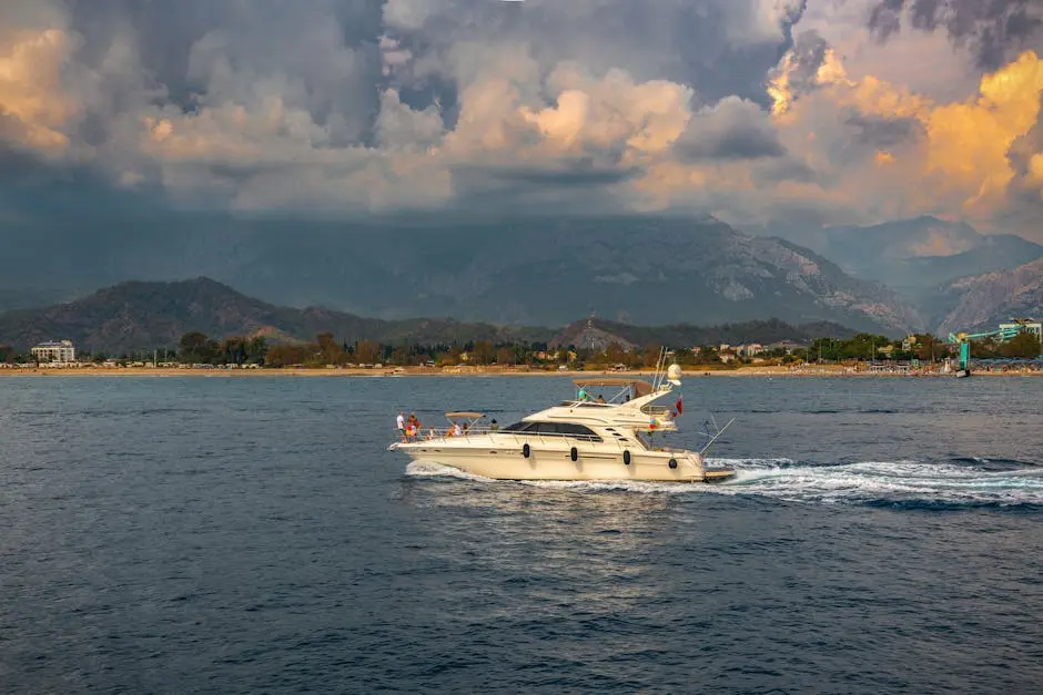 A stunning yacht cruising along a picturesque coastline with dramatic clouds and mountains in the background.