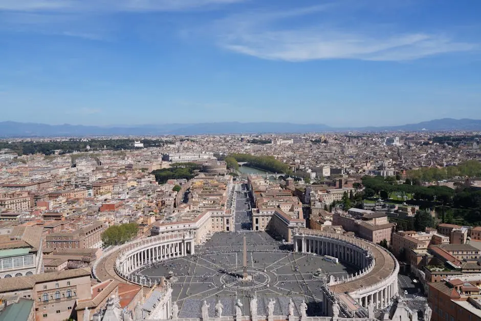 A breathtaking aerial view of St. Peter’s Square in Vatican City, highlighting the iconic architecture and urban landscape.