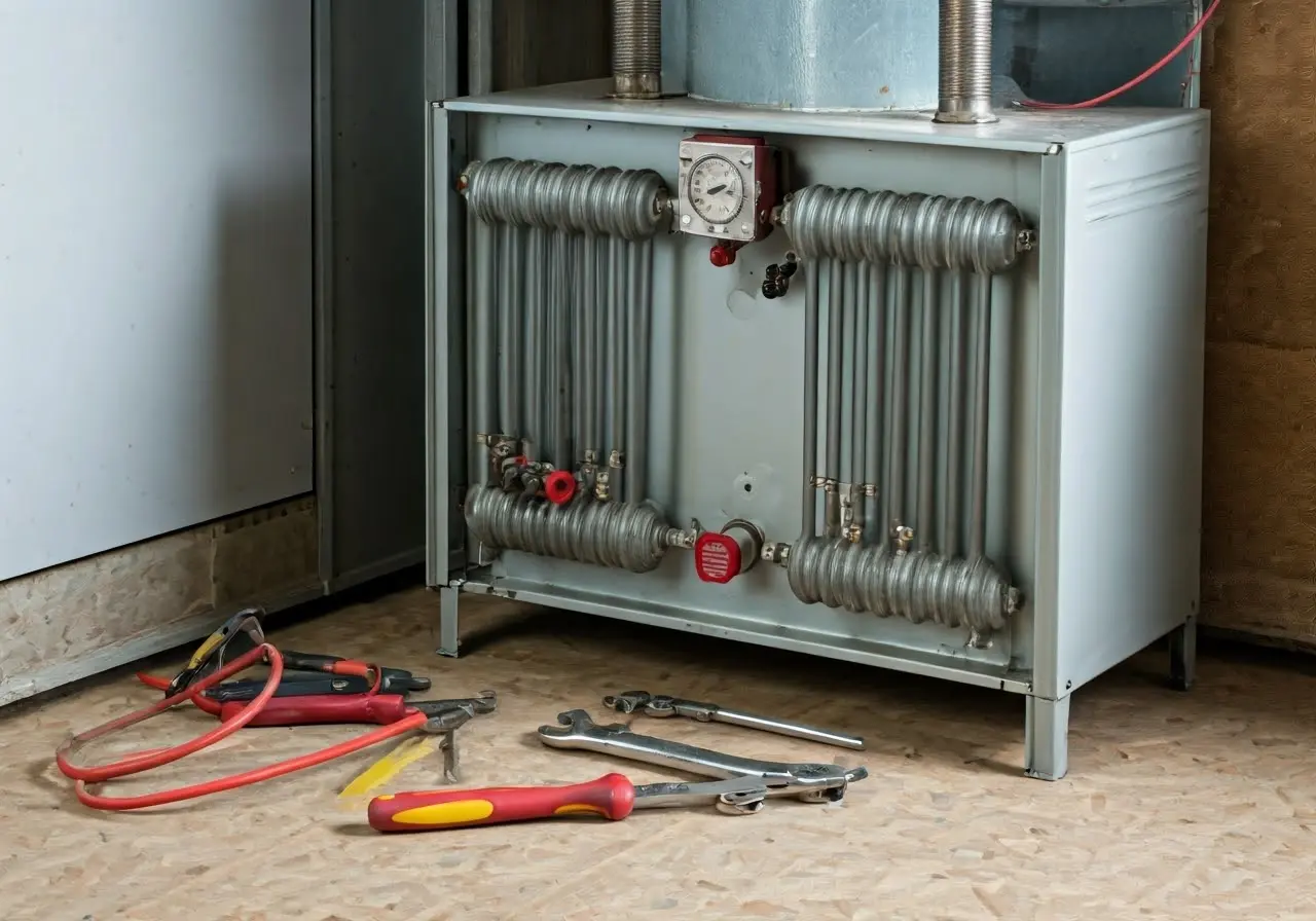 Image of a heating furnace with repair tools nearby. 35mm stock photo