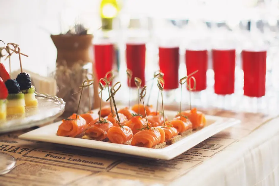 Delicious salmon appetizers and colorful berry canapes elegantly presented on a table for a sophisticated dining experience.