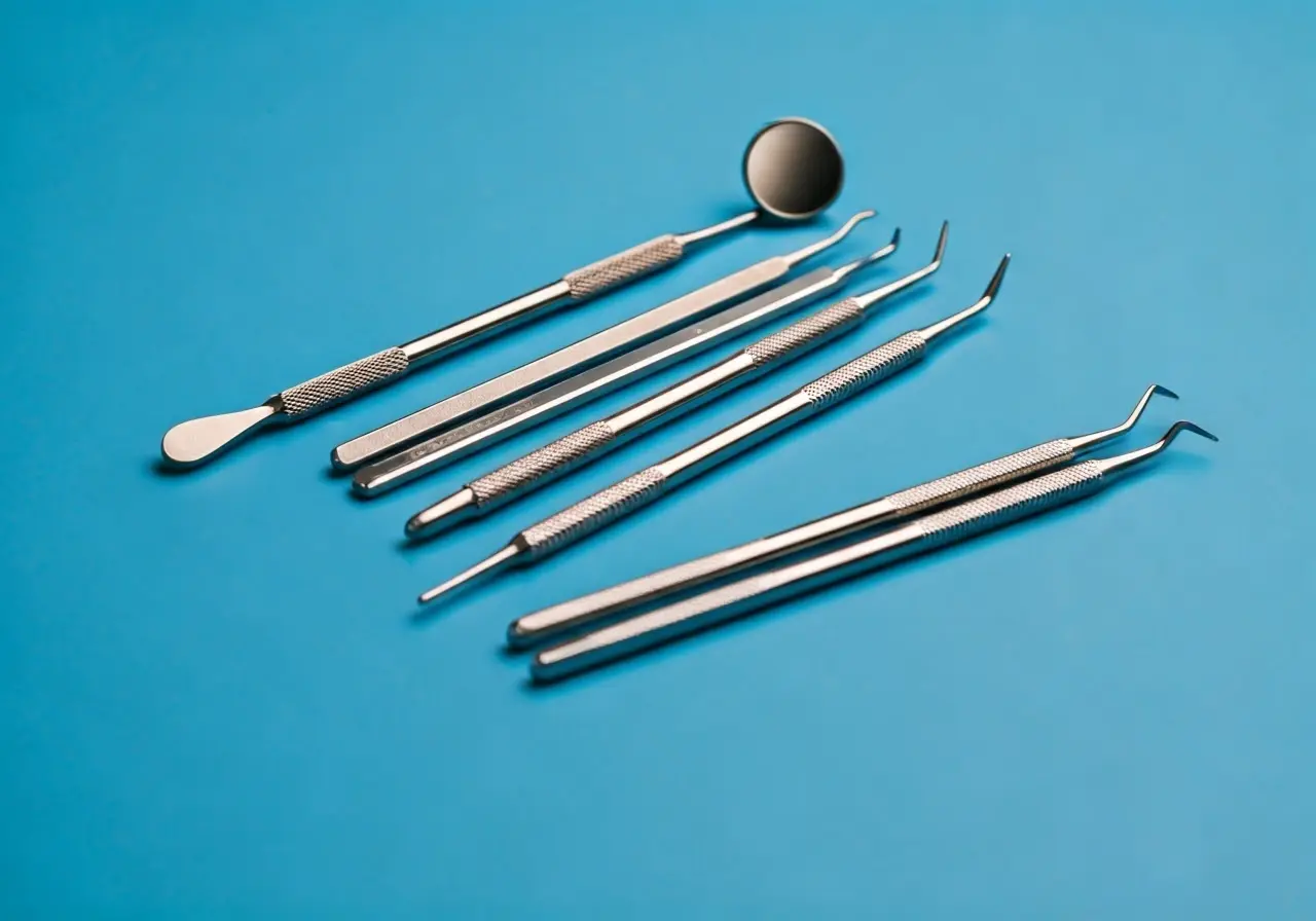 A set of dental tools arranged neatly on a clean surface. 35mm stock photo