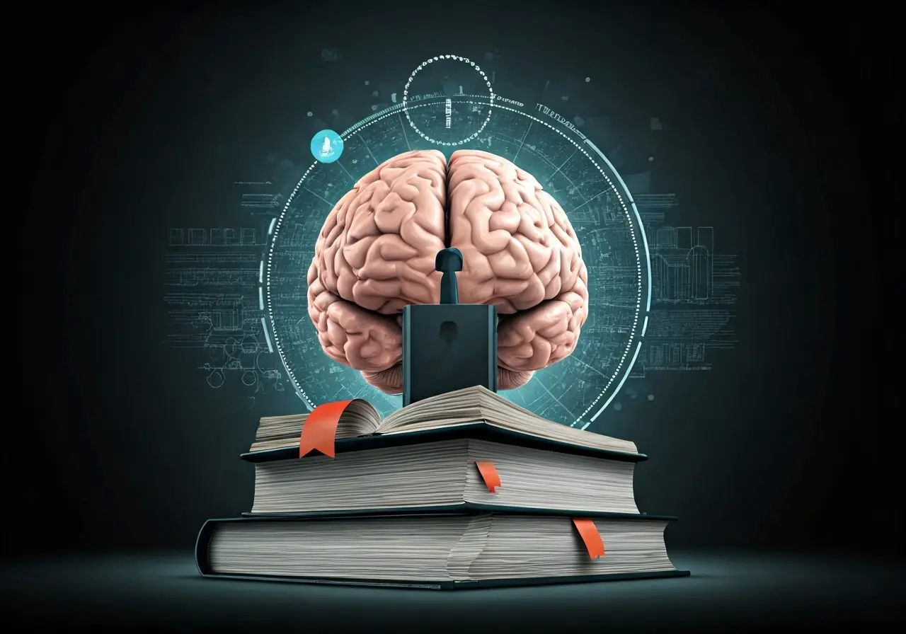 Illustration of a brain unlocking with gears and books. 35mm stock photo