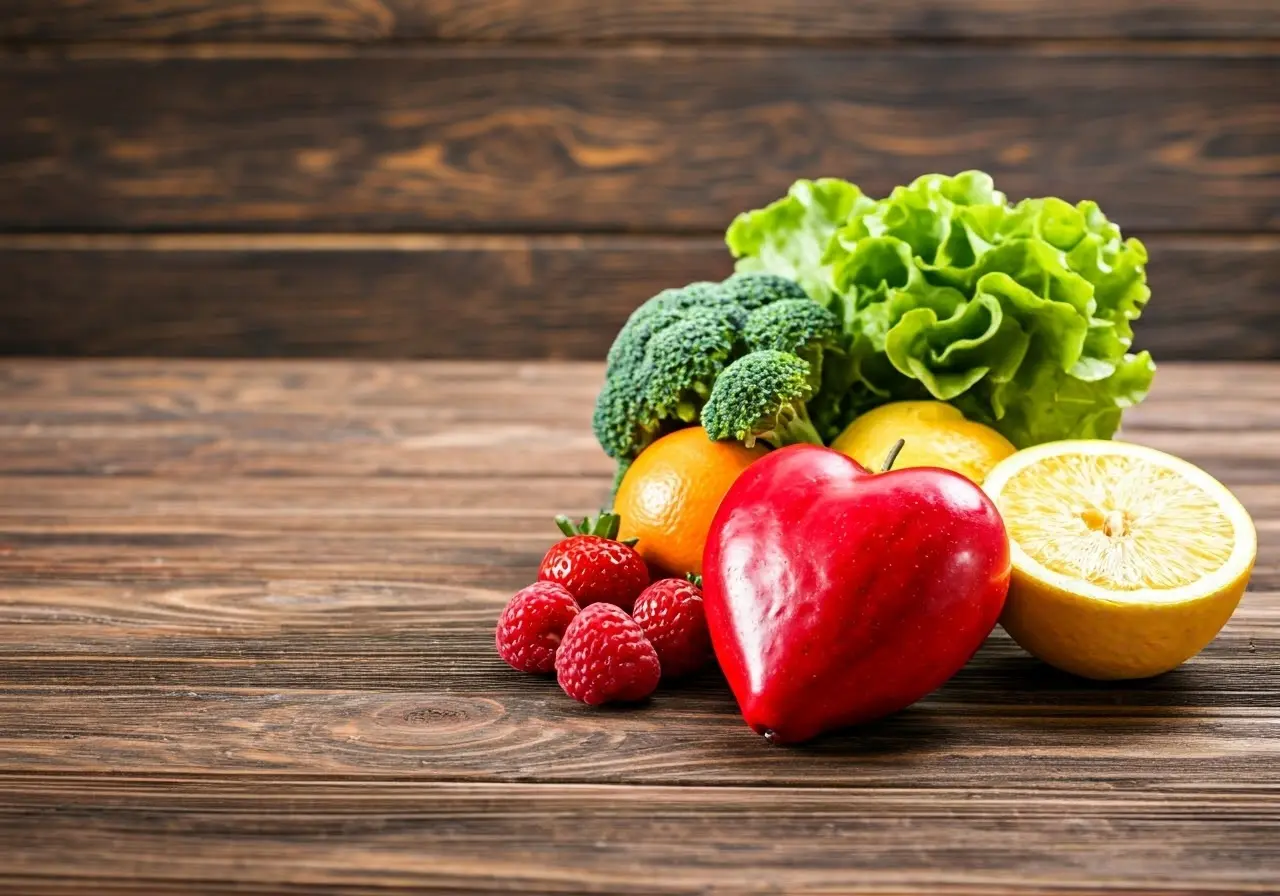 A heart-healthy meal with fresh fruits and vegetables. 35mm stock photo