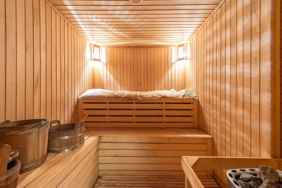 Warm and inviting wooden sauna with ambient lighting, perfect for relaxation.