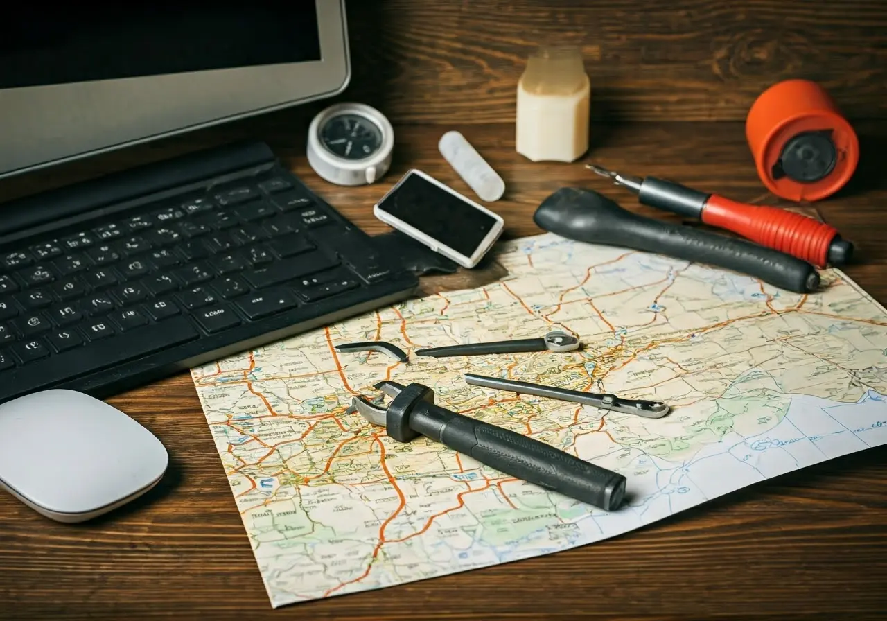 A picture of a computer repair toolkit and Orange County map. 35mm stock photo