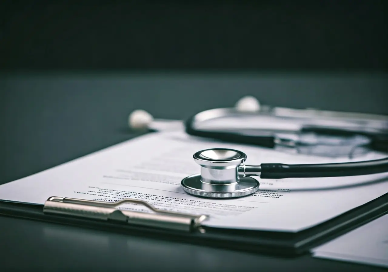 A stethoscope and medical charts on a clean desk. 35mm stock photo