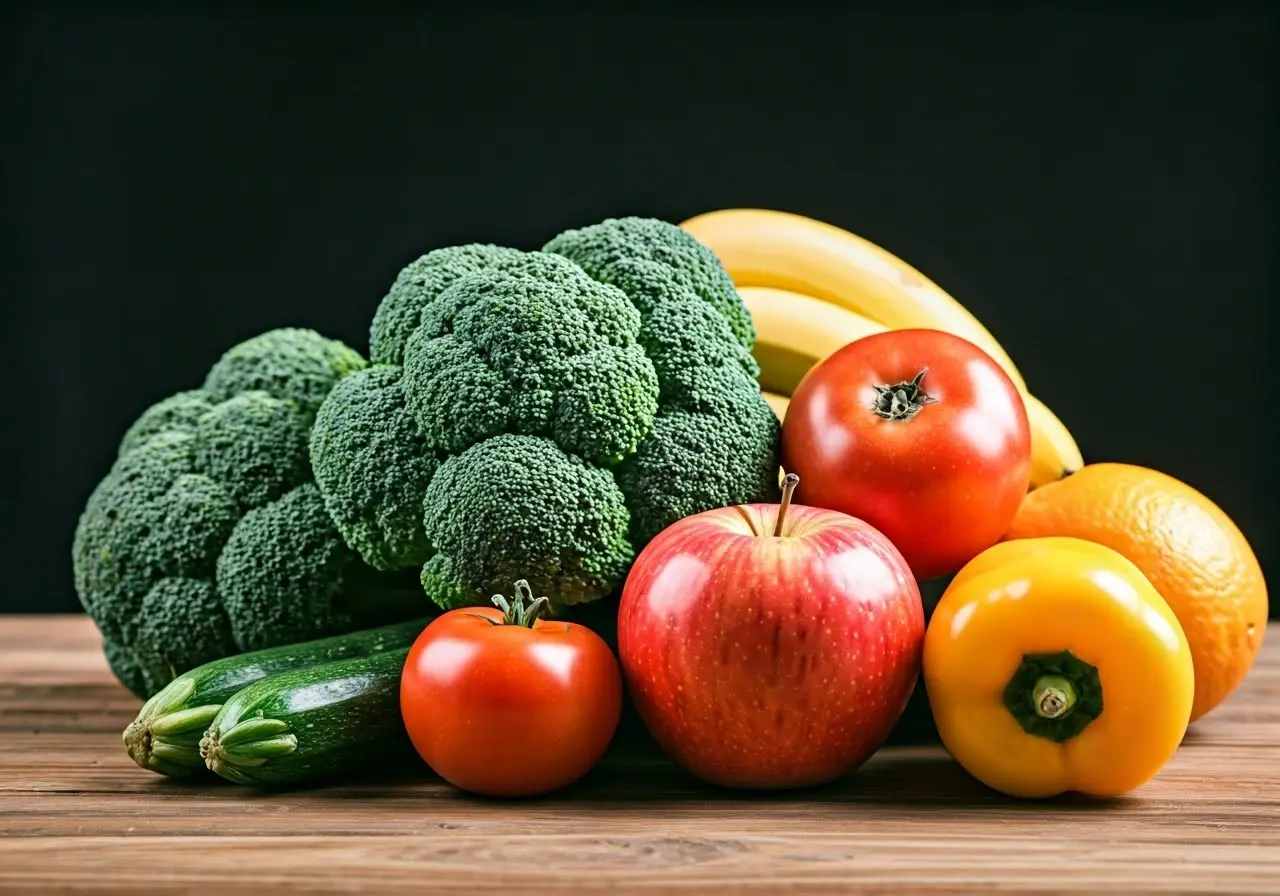 A close-up of healthy fruits and vegetables on a table. 35mm stock photo