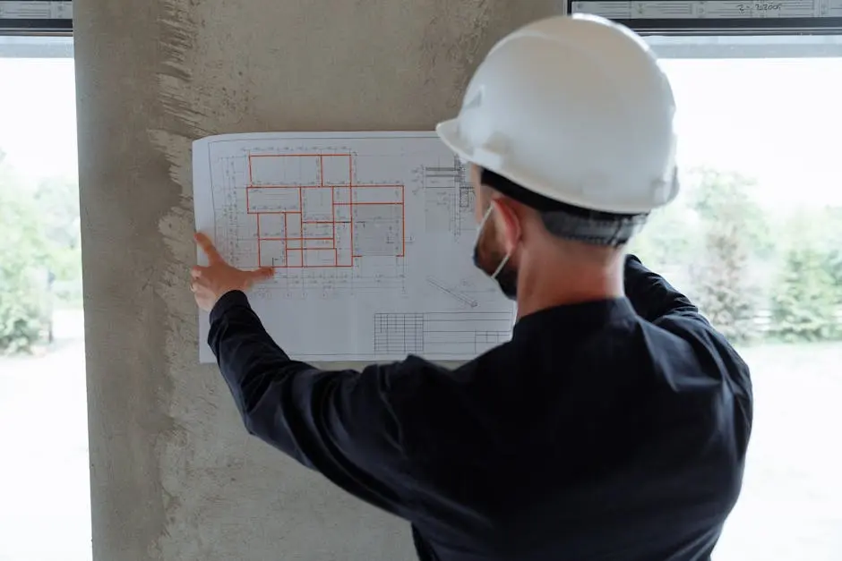 Engineer in hardhat reviewing architectural floor plans at construction site.