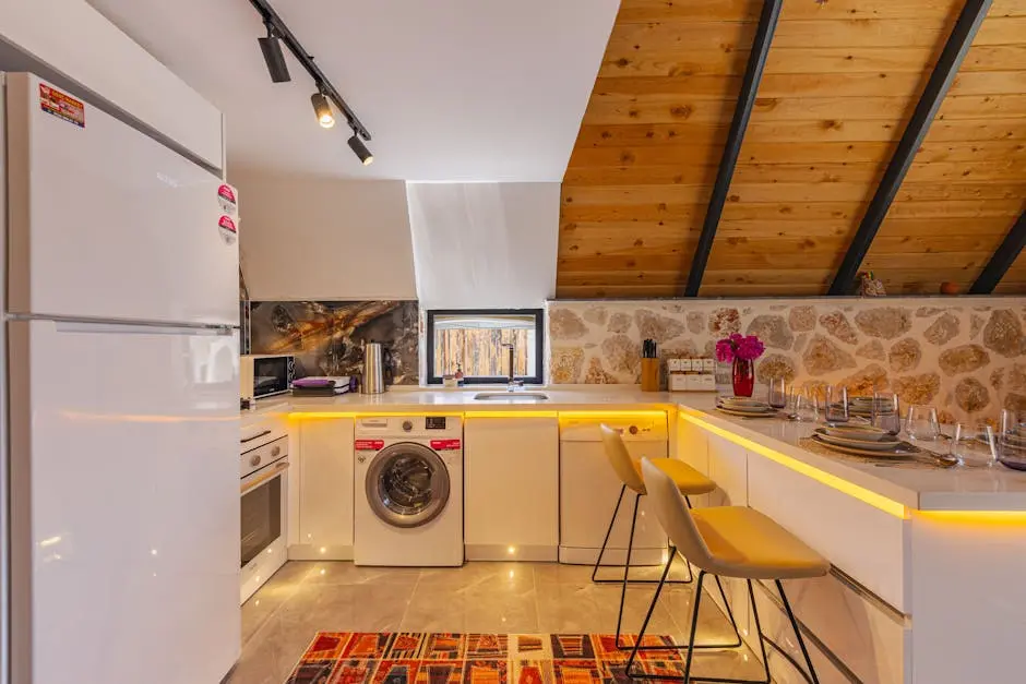 A kitchen with a wood stove and a washing machine