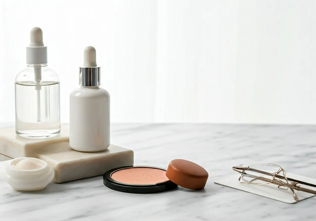 Elegant beauty products arranged on a white marble surface. 35mm stock photo