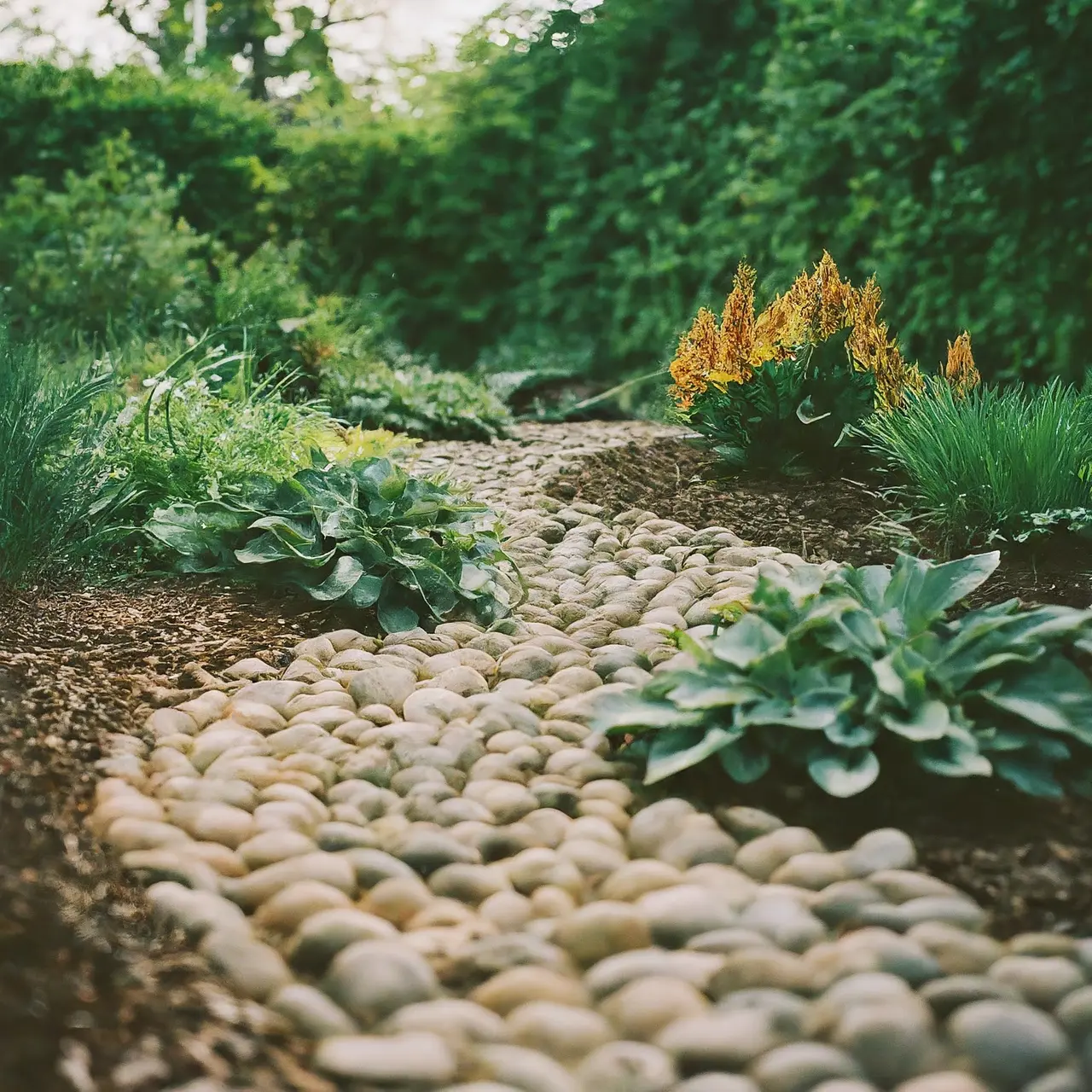 Beautiful garden path lined with decorative stone pebbles. 35mm stock photo