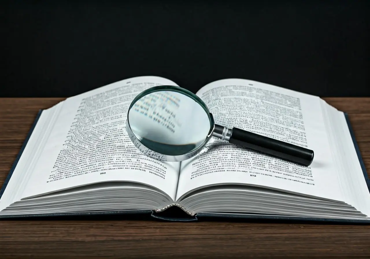 Open book with highlighted text and a magnifying glass. 35mm stock photo