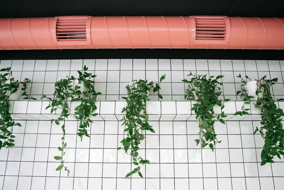 Indoor scene with green plants against tiled walls and pink ventilation pipe.