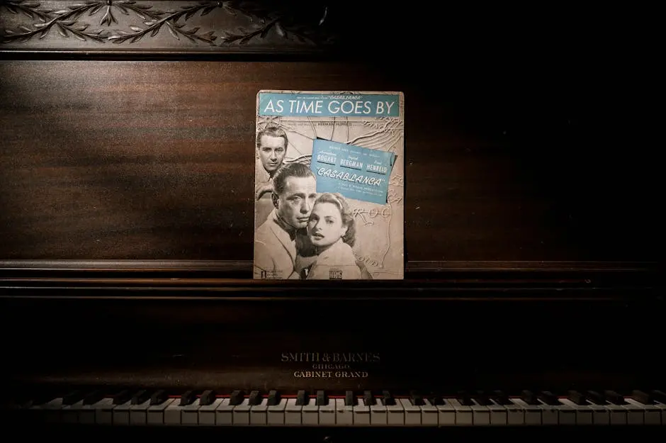 A vintage piano with a Casablanca movie music sheet evokes a classic, nostalgic atmosphere.