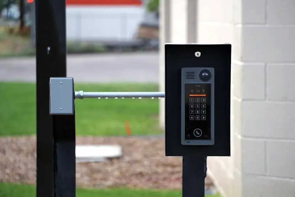 Outdoor intercom mounted at a residential building entrance, ensuring security and communication.