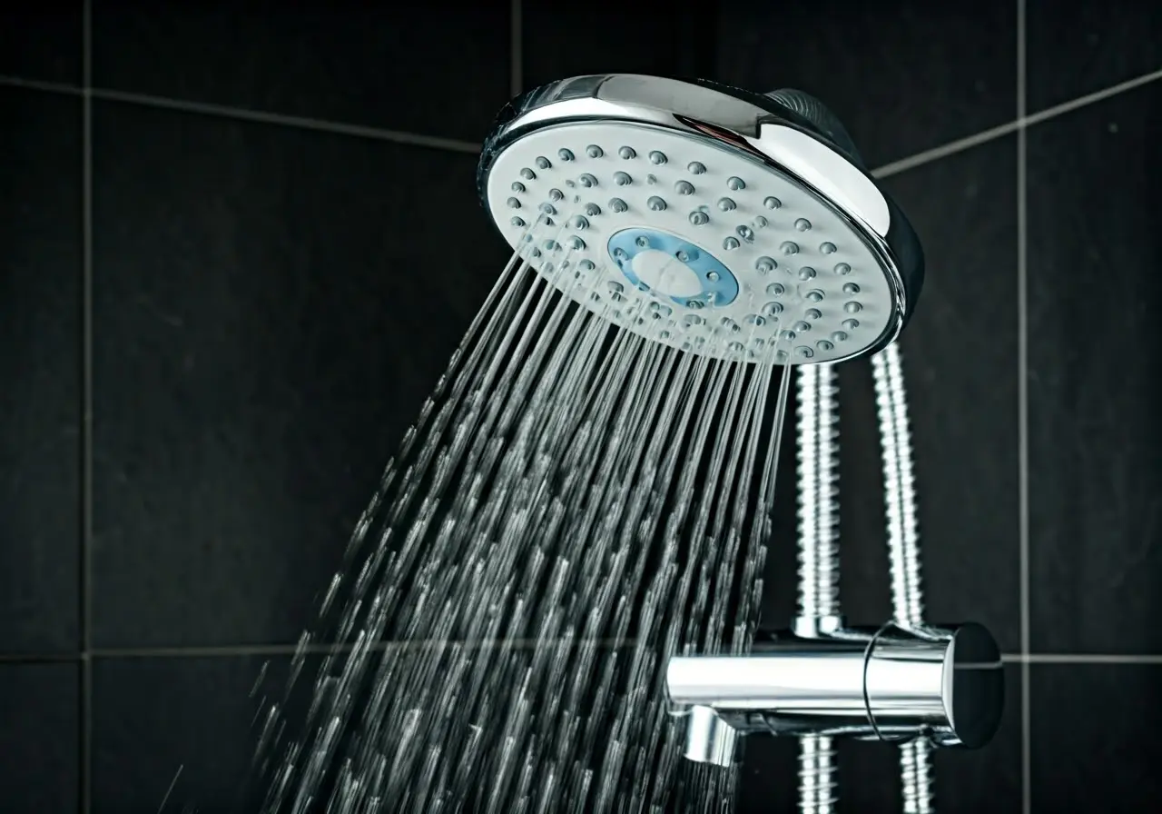 Close-up of a shiny modern mixer shower head in use. 35mm stock photo