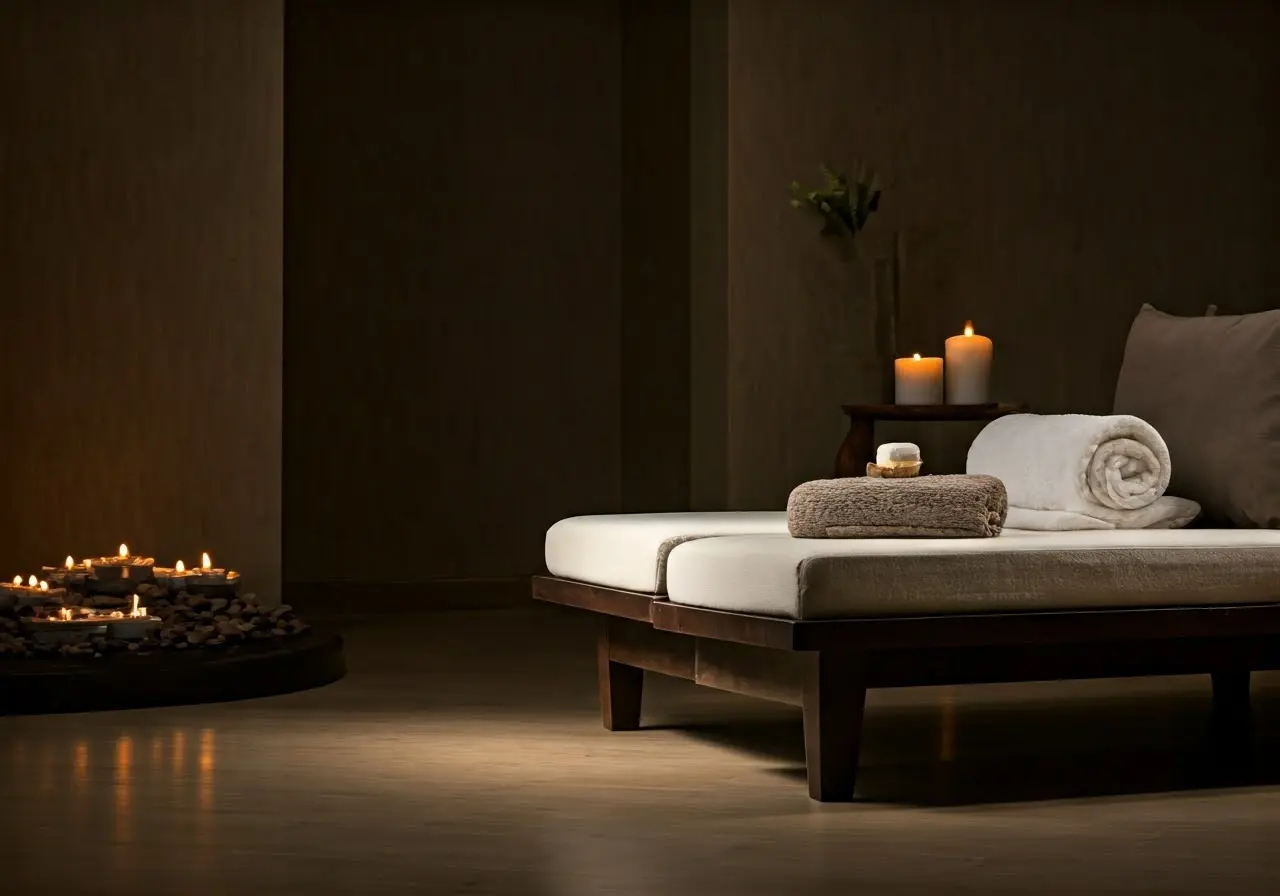 A serene spa setting with soothing neutral-toned decor. 35mm stock photo