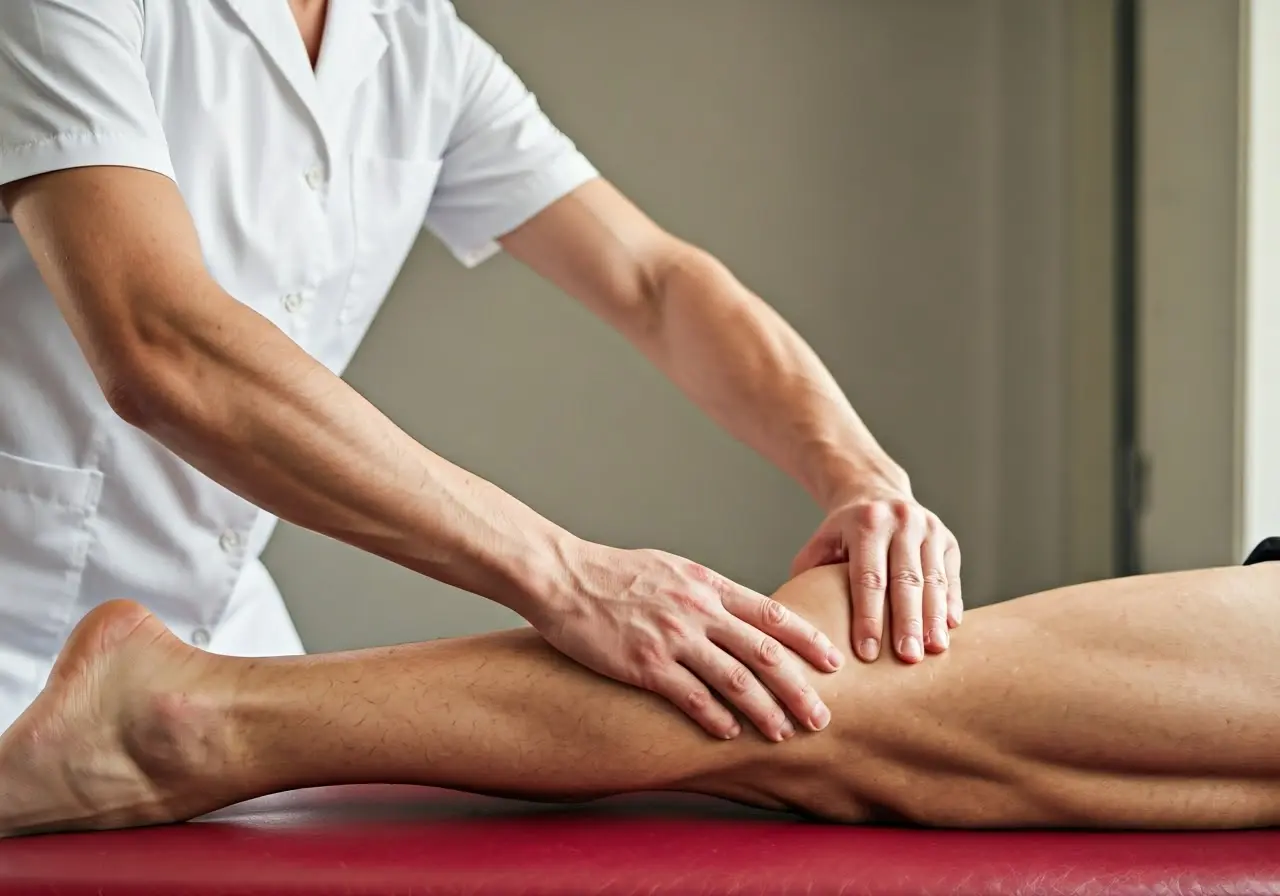 A therapist applying therapeutic massage on an athlete’s leg. 35mm stock photo