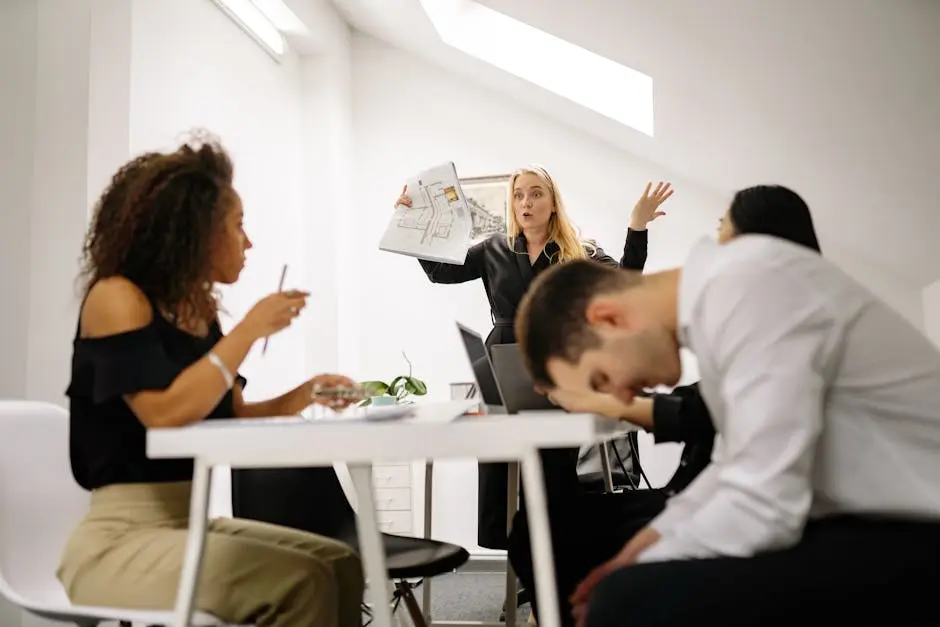 Team experiencing stress during a heated office meeting. Diverse colleagues engage in emotional discussion indoors.