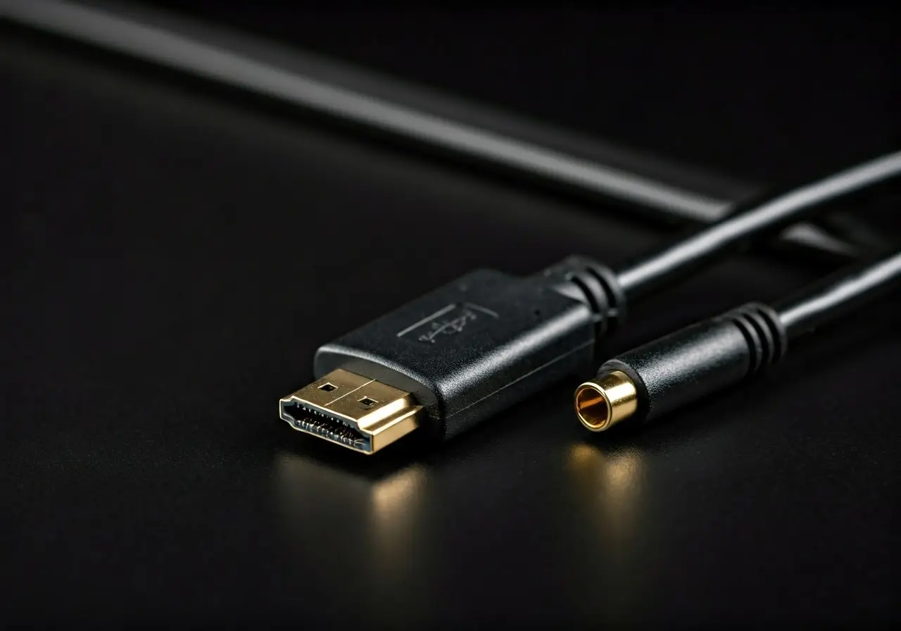 A high-quality HDMI cable connected to a modern TV. 35mm stock photo