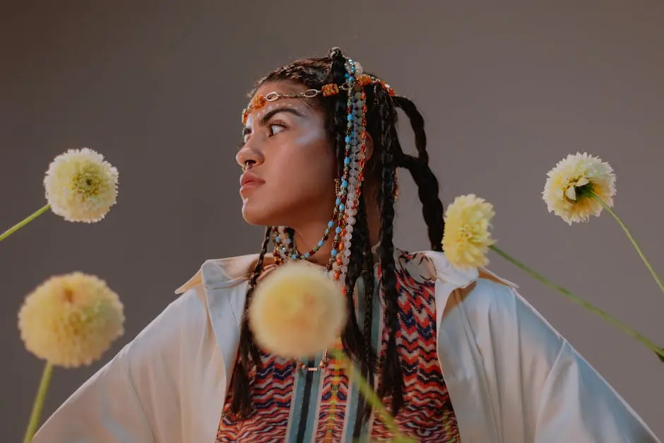 Woman with braided hair adorned with beads and flowers in a studio setting.