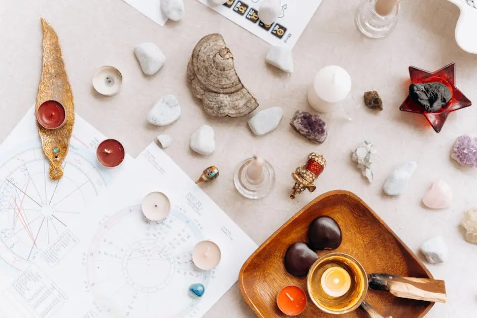 Flat lay of spiritual items including candles, crystals, and astrology charts for meditation.