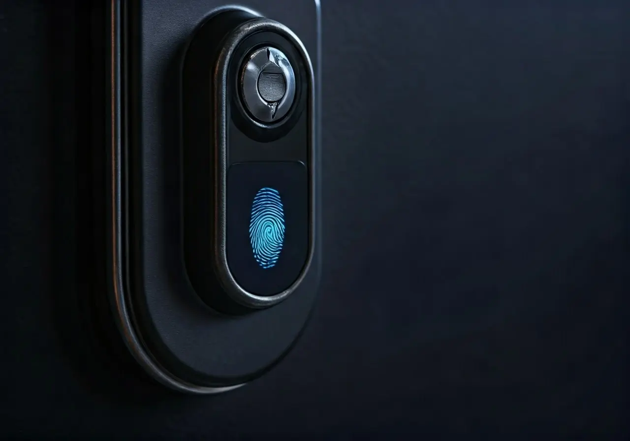 Close-up of a secure digital lock with a fingerprint scanner. 35mm stock photo