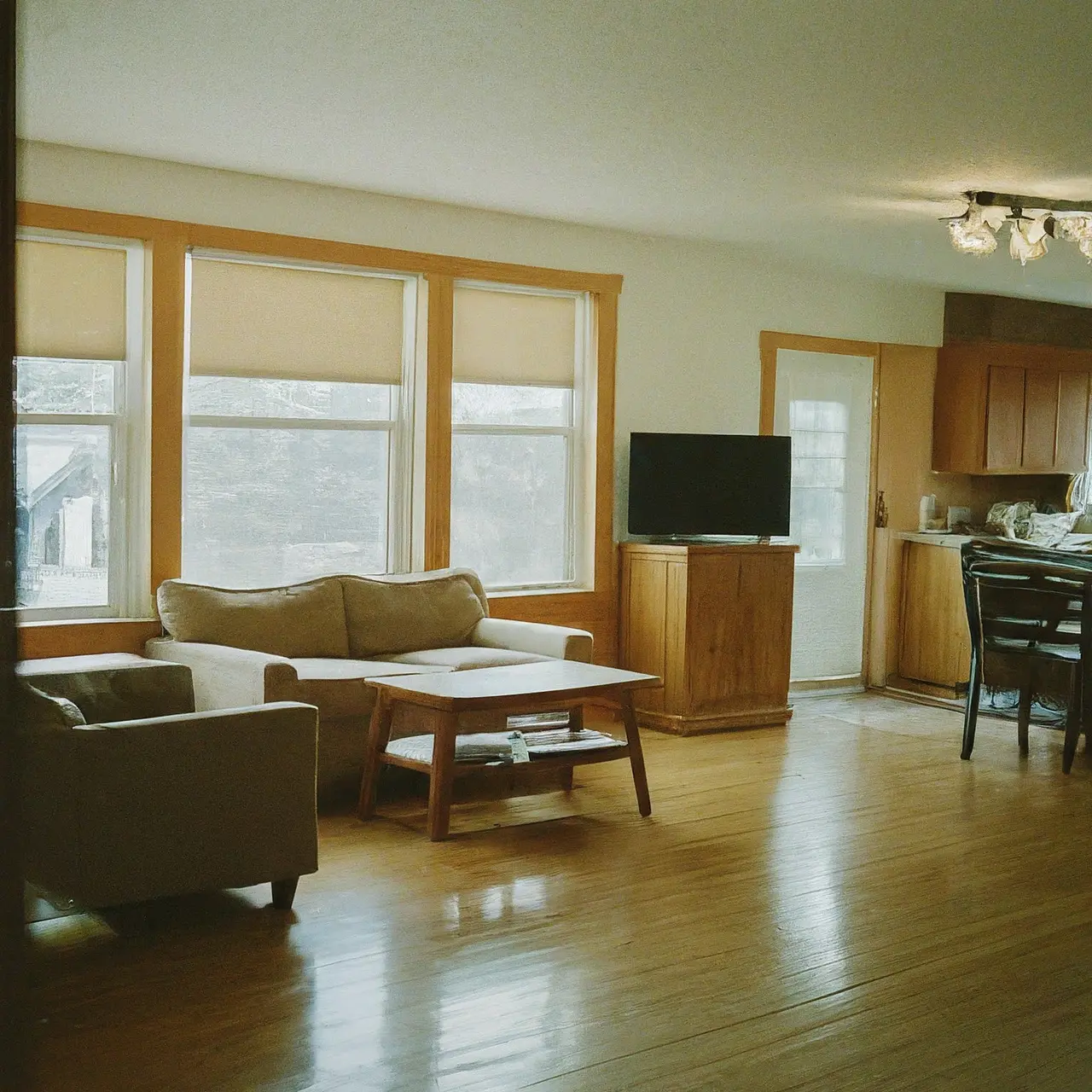 A sparkling clean, welcoming vacation rental living room. 35mm stock photo