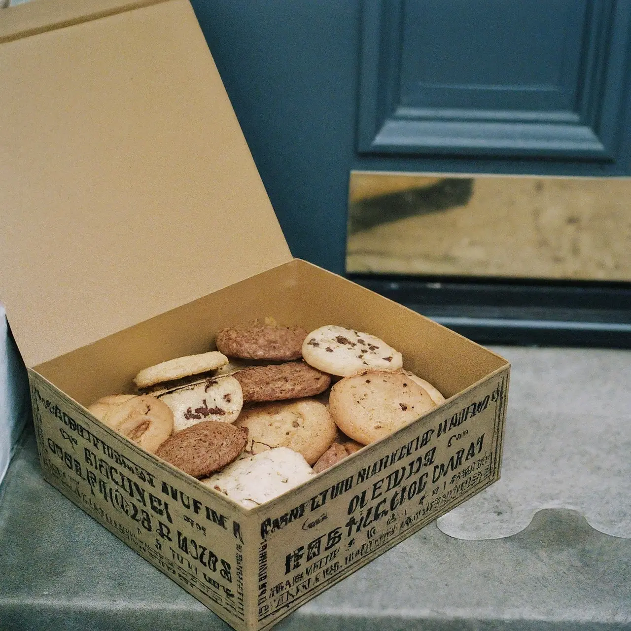 A box of assorted cookies on a doorstep. 35mm stock photo