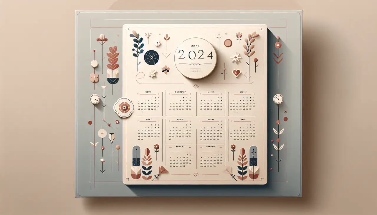 Draw a graphic in flat design style. An elegant flat design invitation card featuring subtle floral elements and 2024 calendar icons.