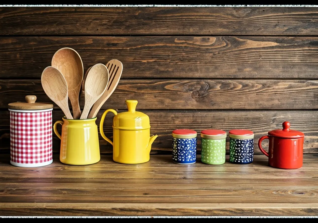 A rustic kitchen countertop with colorful accessories and utensils. 35mm stock photo