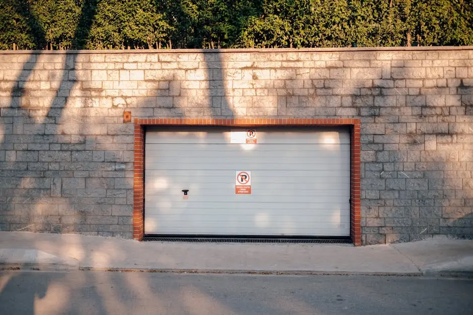 A garage entrance set in a brick wall with no parking signs. Sunlit with tree shadows.