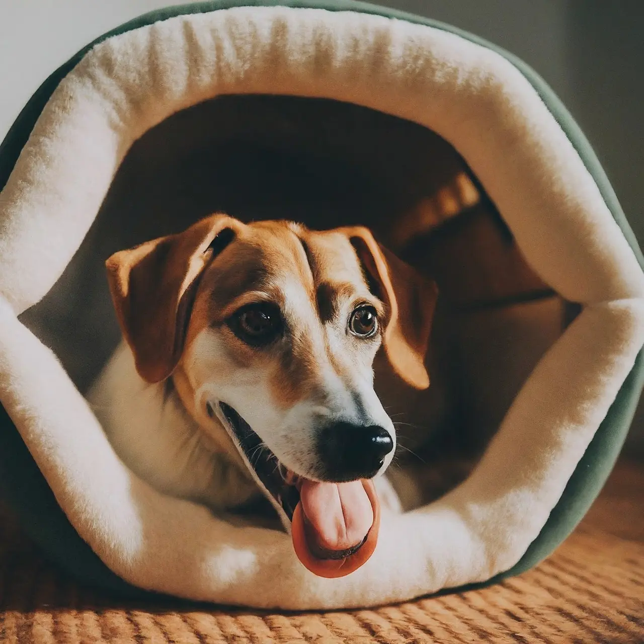 A happy dog resting comfortably in a cozy crate. 35mm stock photo