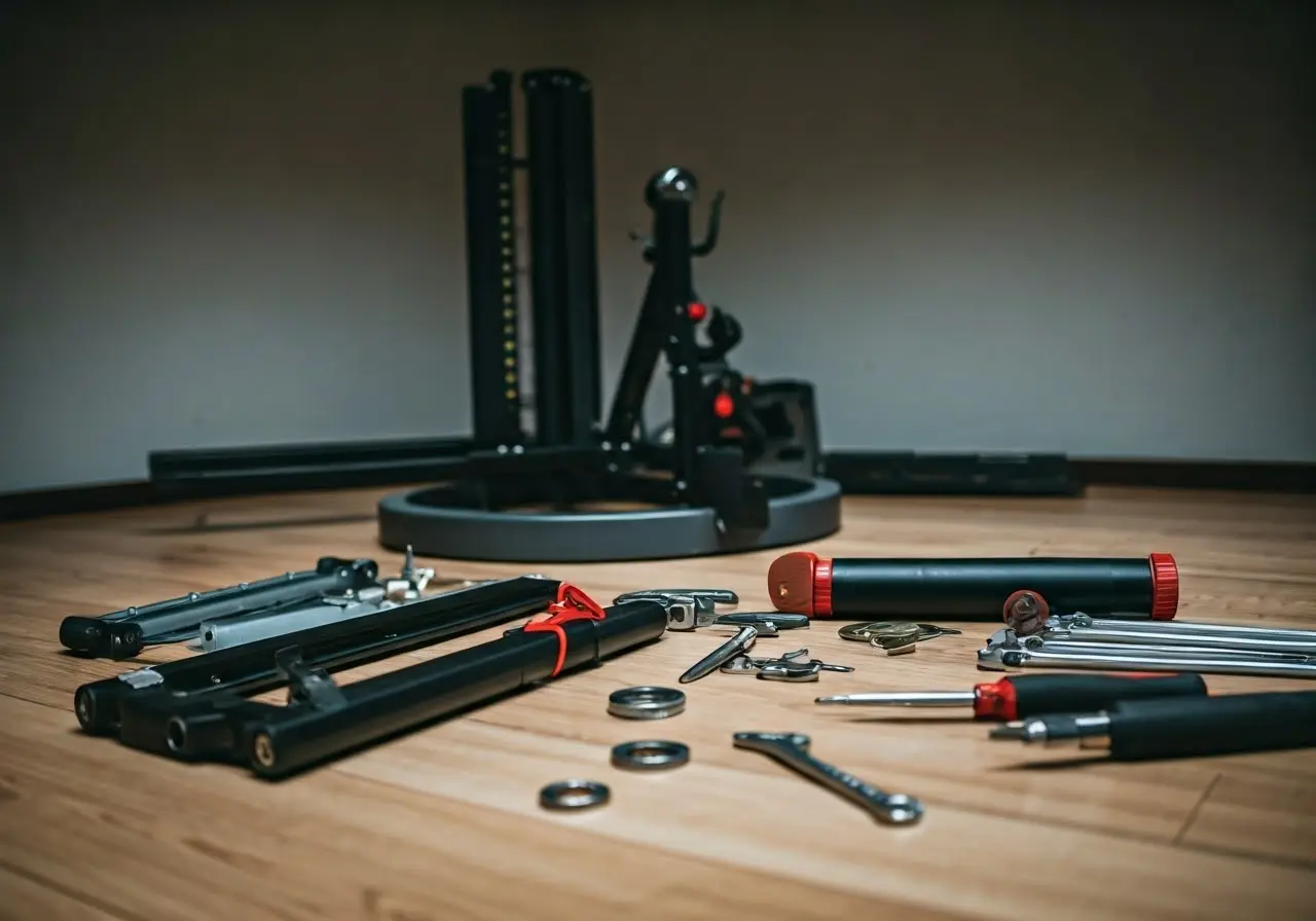 Tools laid out for assembling gym equipment in a home. 35mm stock photo