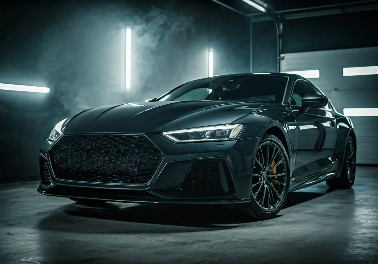 A luxury car being meticulously hand-polished in a garage. 35mm stock photo