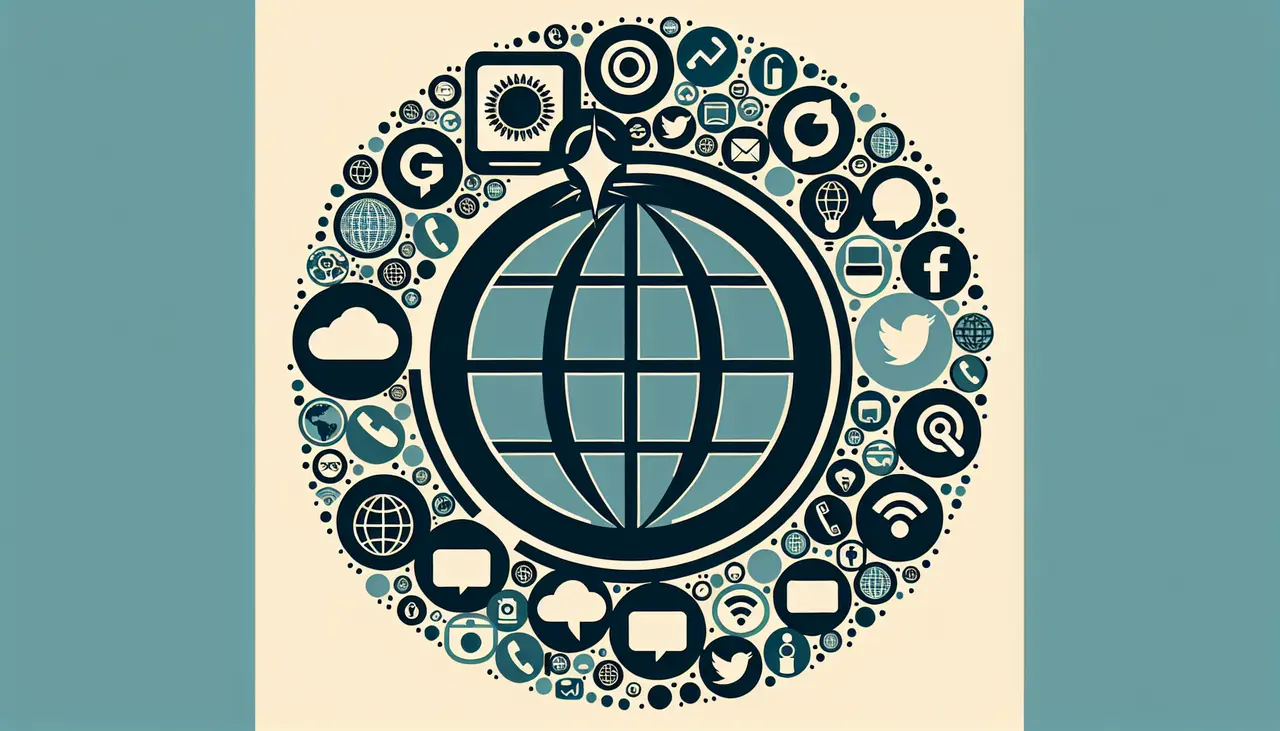 Draw a graphic in flat design style. A globe encircled by various social media icons and a shining brand logo standing out on top.