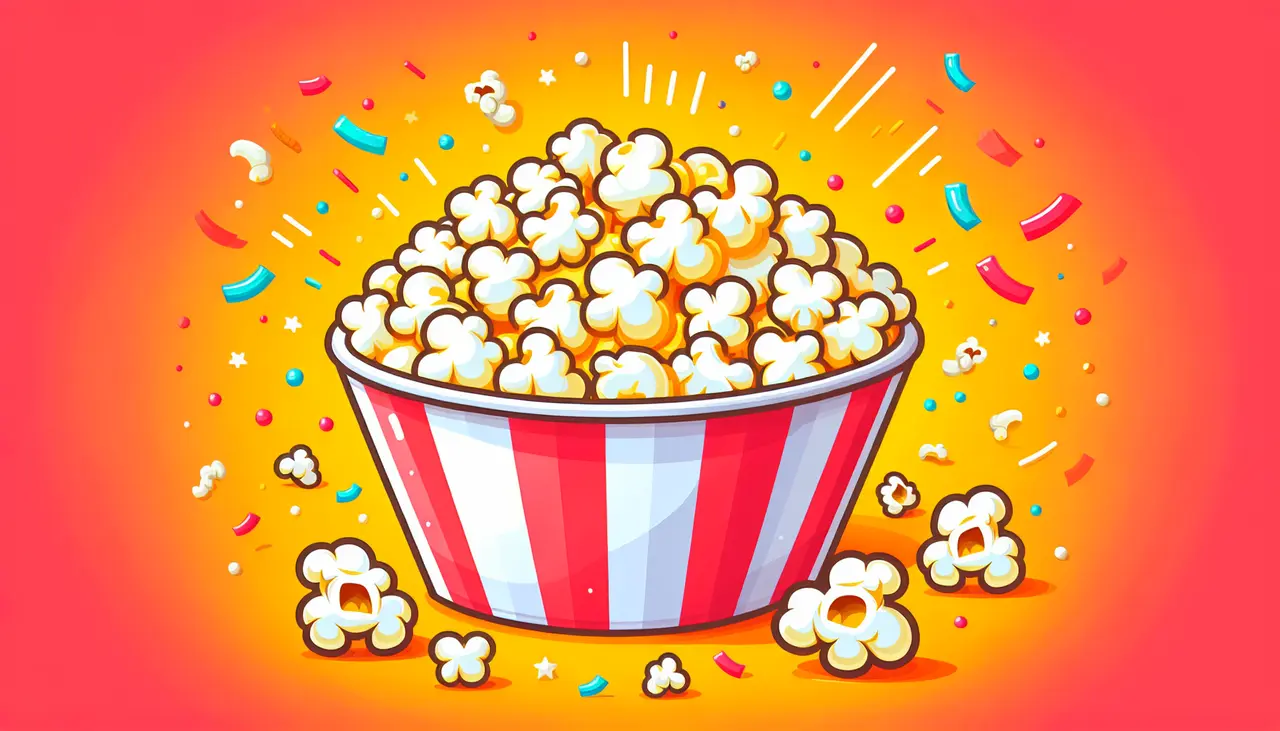 Draw a graphic in flat design style. A flat design image of a bowl of cheese popcorn with a few popped kernels scattered around, surrounded by colorful confetti to convey a festive party atmosphere.