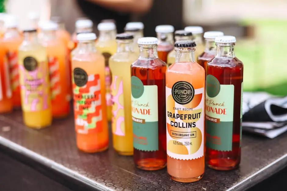 A table with bottles of different drinks