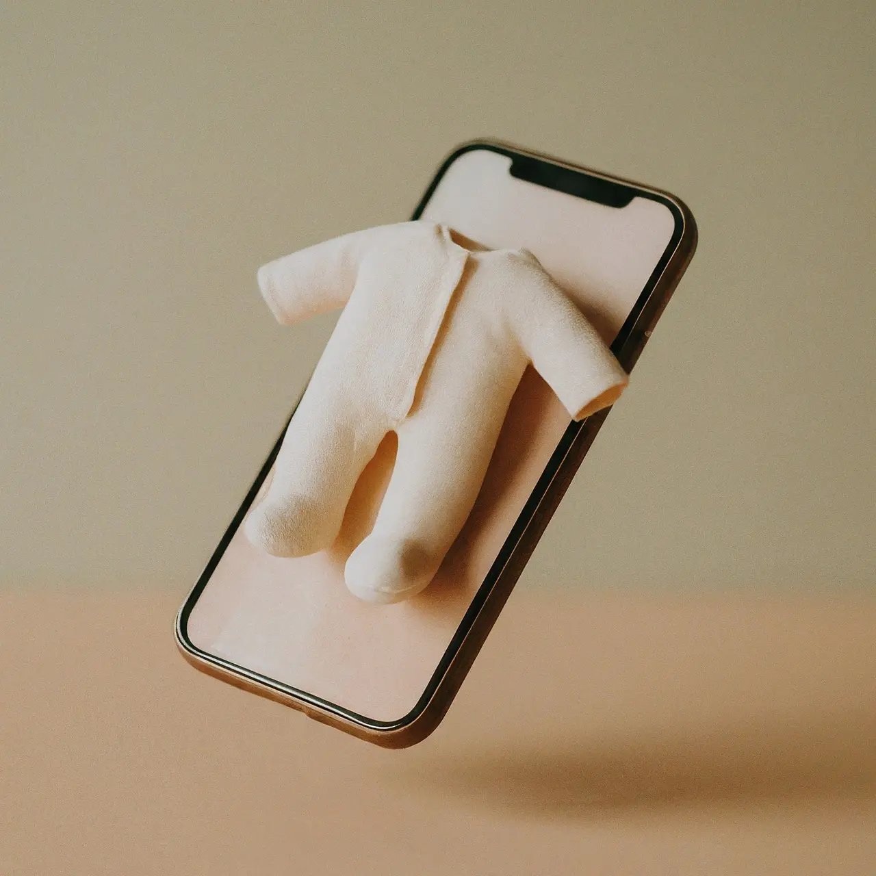 Baby clothes floating over a smartphone displaying an AR app. 35mm stock photo