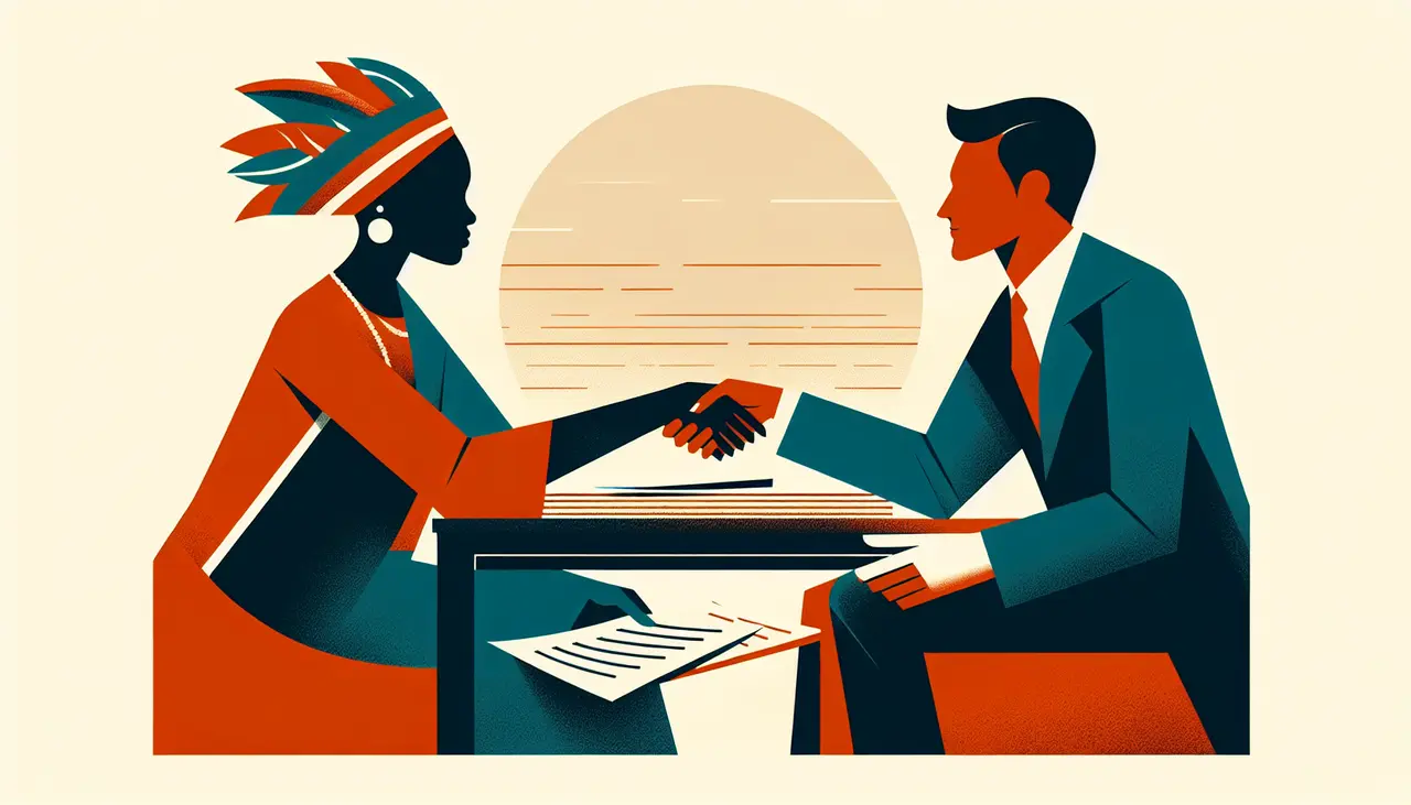 Draw a graphic in flat design style. A flat design illustration of two diverse people shaking hands over a table with documents, symbolizing reconciliation, in a minimalist style.