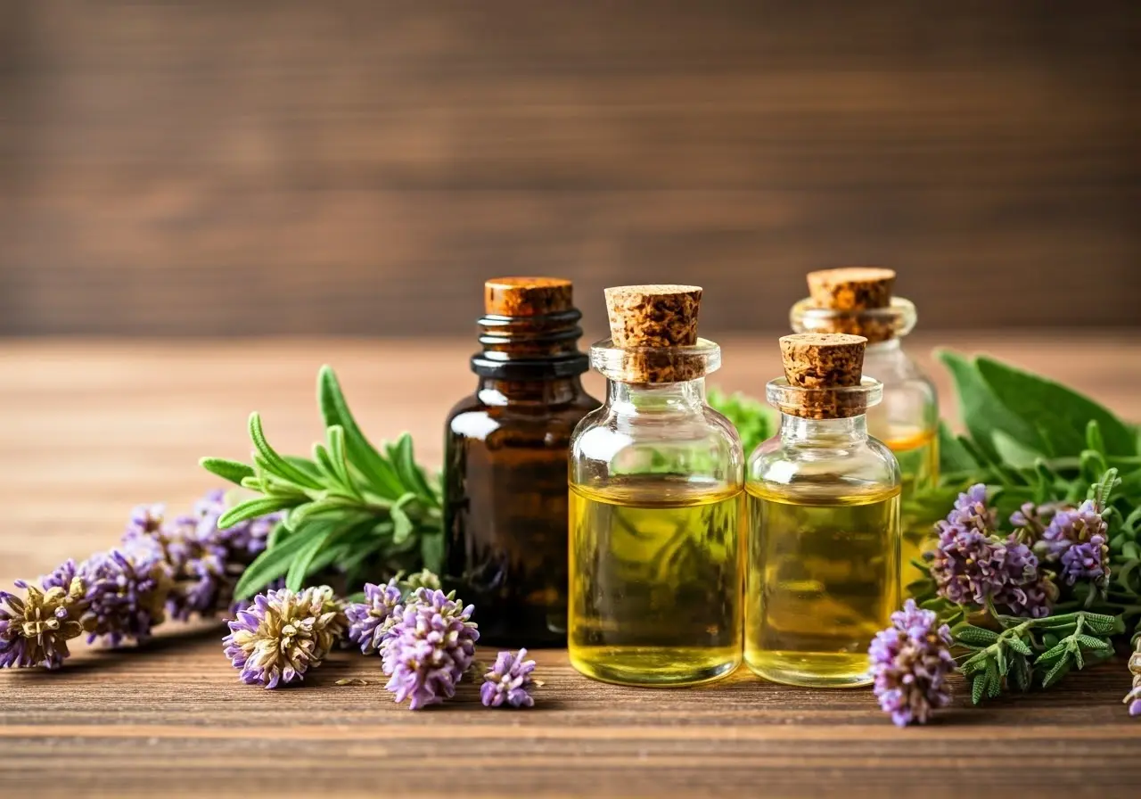 Bottles of essential oils surrounded by various aromatic herbs. 35mm stock photo