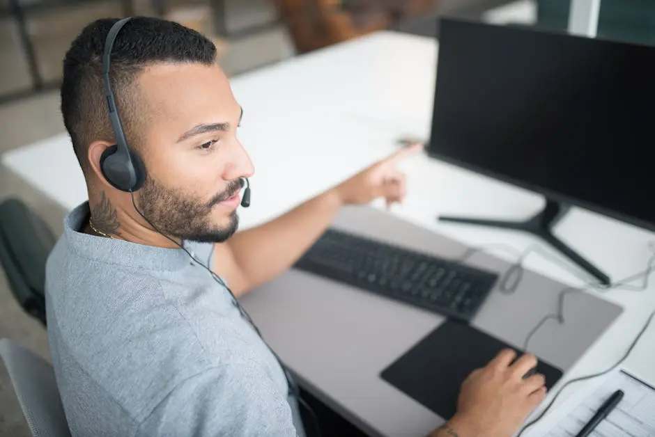 Customer service agent using a computer and headset within a modern office setting.