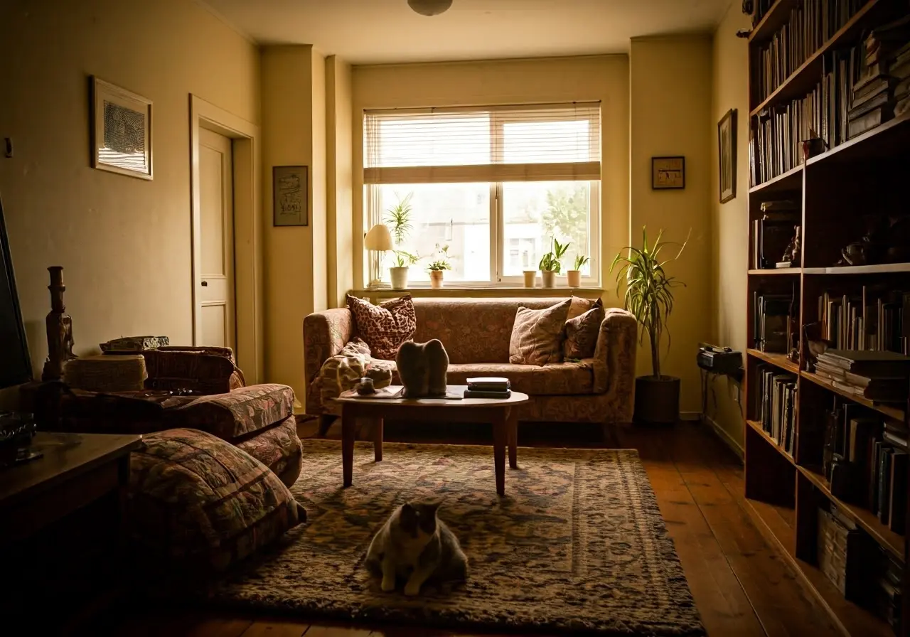 A cozy living room showcasing happy, playful cats. 35mm stock photo