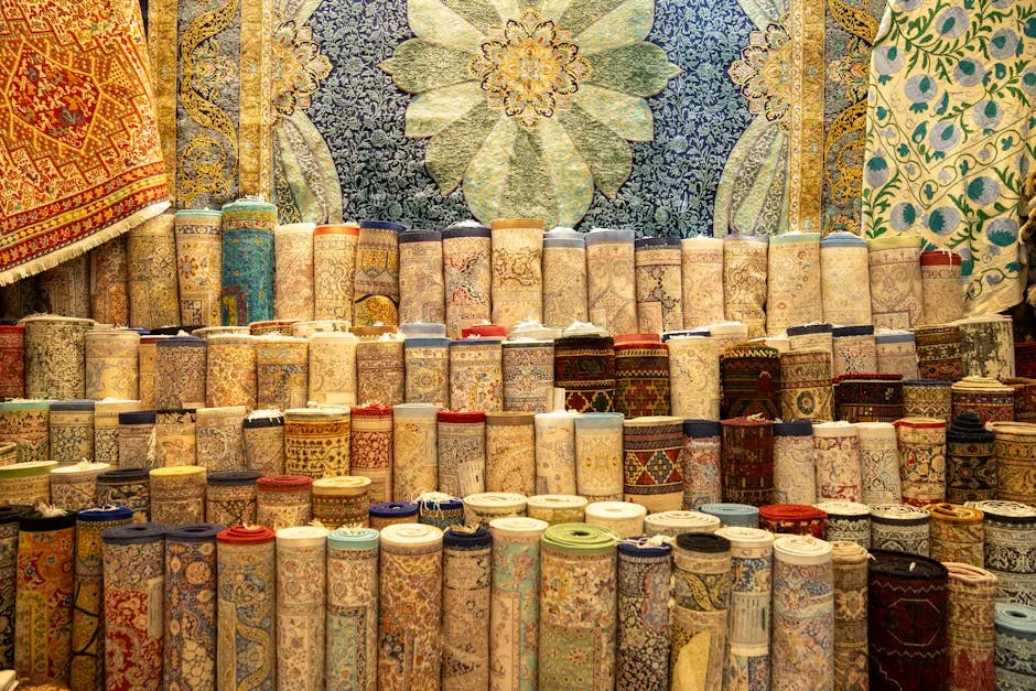 A display of colorful rugs and pillows